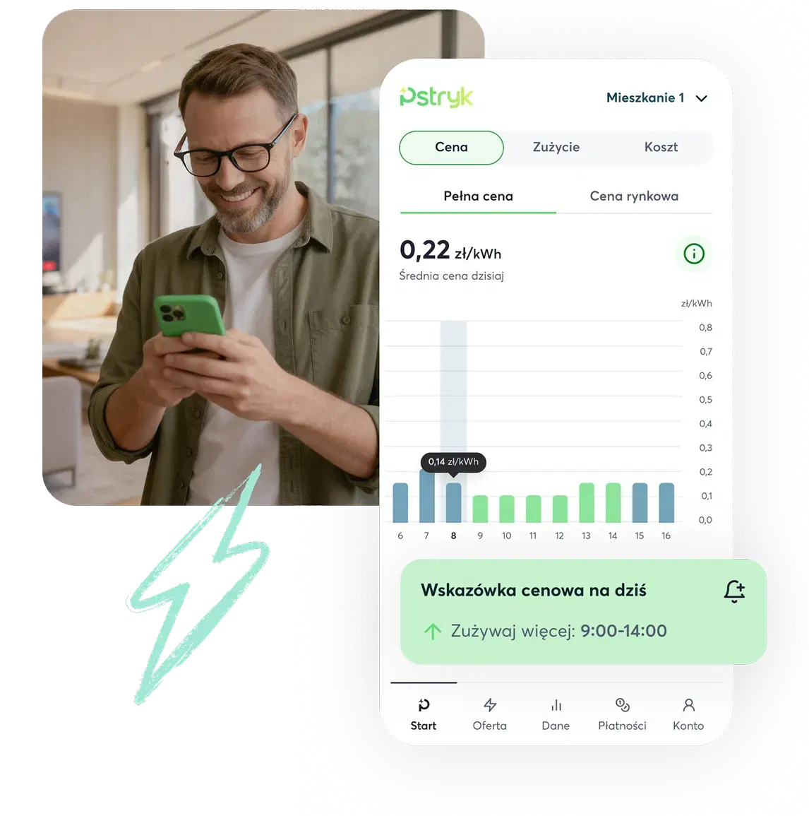 Mężczyzna korzystający z aplikacji, zrzut ekranu aplikacji Pstryk z wykresem zużycia energii
